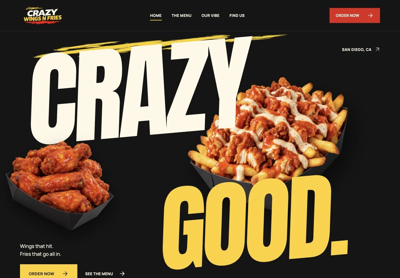 Crazy Wings N Fries website with oversized cream and yellow lettering, chicken wings and loaded fries on a dark background