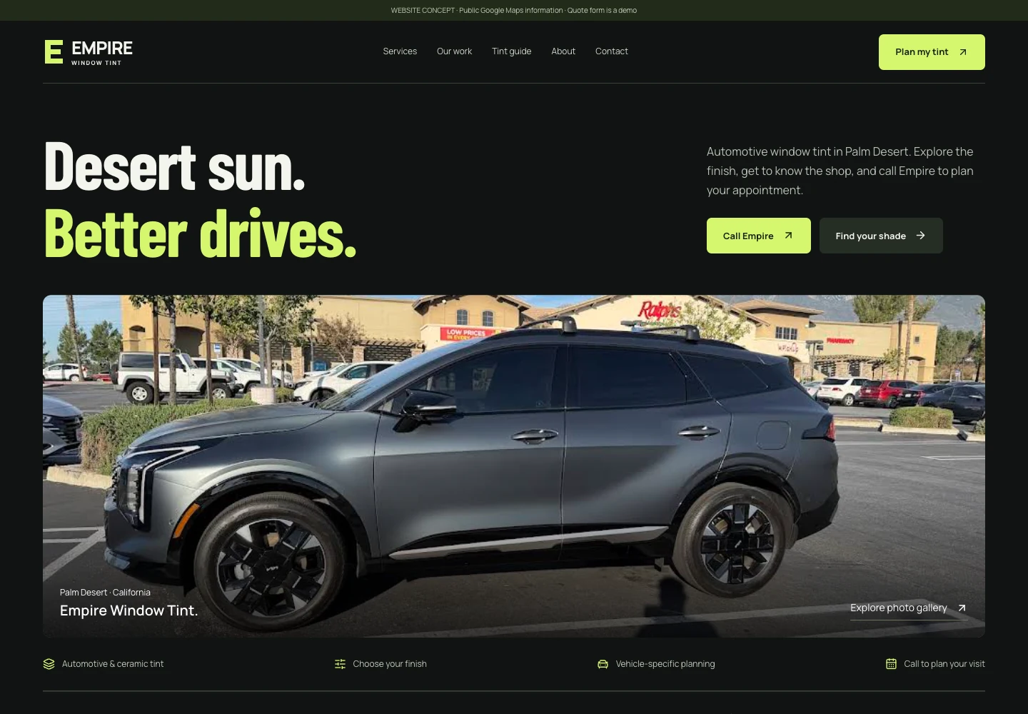 Empire Window Tint concept website with a dark automotive hero and lime green typography