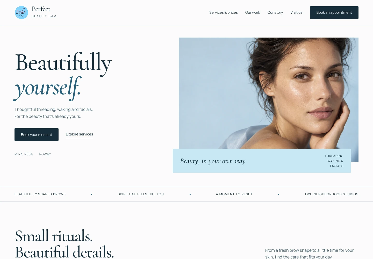 Perfect Beauty Bar website featuring a pale blue layout and editorial beauty portrait